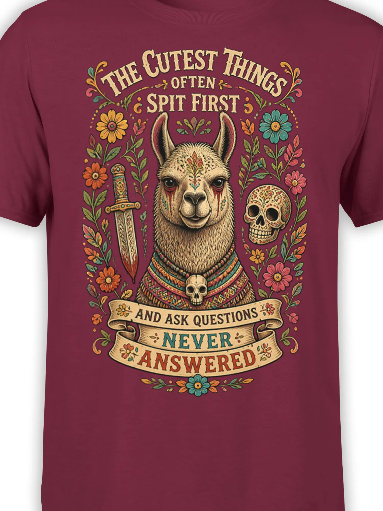 Close-up of the burgundy llama graphic with ornate sword, floral details, skulls, and sarcastic text
