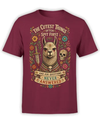 Vintage llama T-shirt in burgundy with sword, skulls, flowers, and the phrase “The Cutest Things Often Spit First”