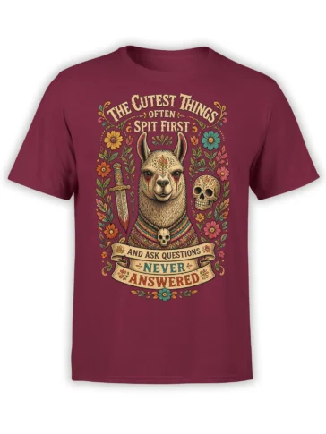 Vintage llama T-shirt in burgundy with sword, skulls, flowers, and the phrase “The Cutest Things Often Spit First”