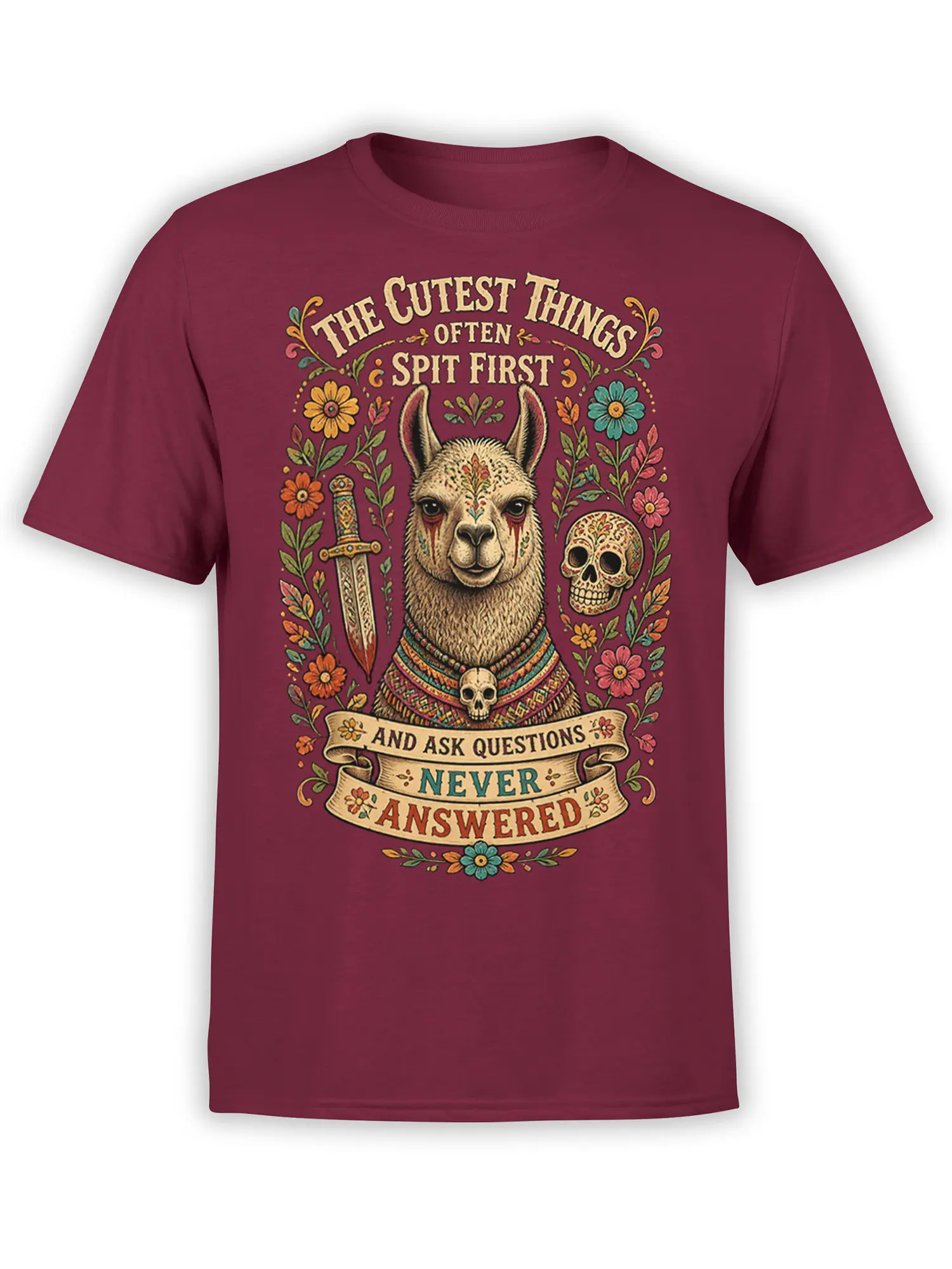 Vintage llama T-shirt in burgundy with sword, skulls, flowers, and the phrase “The Cutest Things Often Spit First”