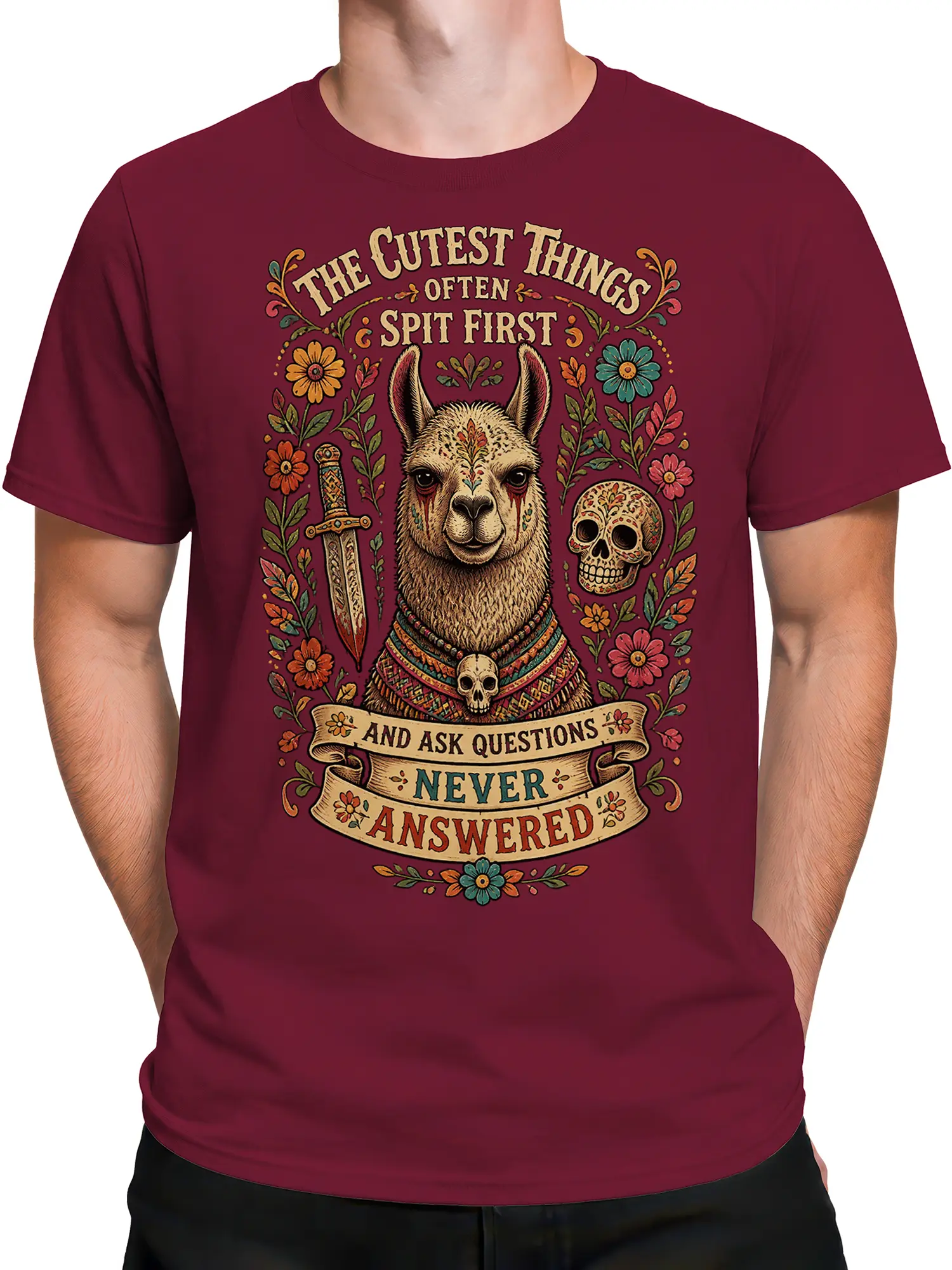 Male torso wearing a burgundy llama T-shirt with vintage sword, skull, floral, and humorous graphic artwork