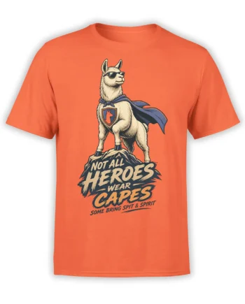 Orange T-shirt featuring a sunglass-wearing llama in a cape standing on a mountain with heroic lettering