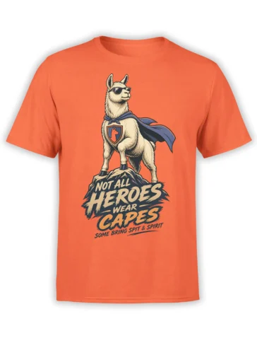 Orange T-shirt featuring a sunglass-wearing llama in a cape standing on a mountain with heroic lettering