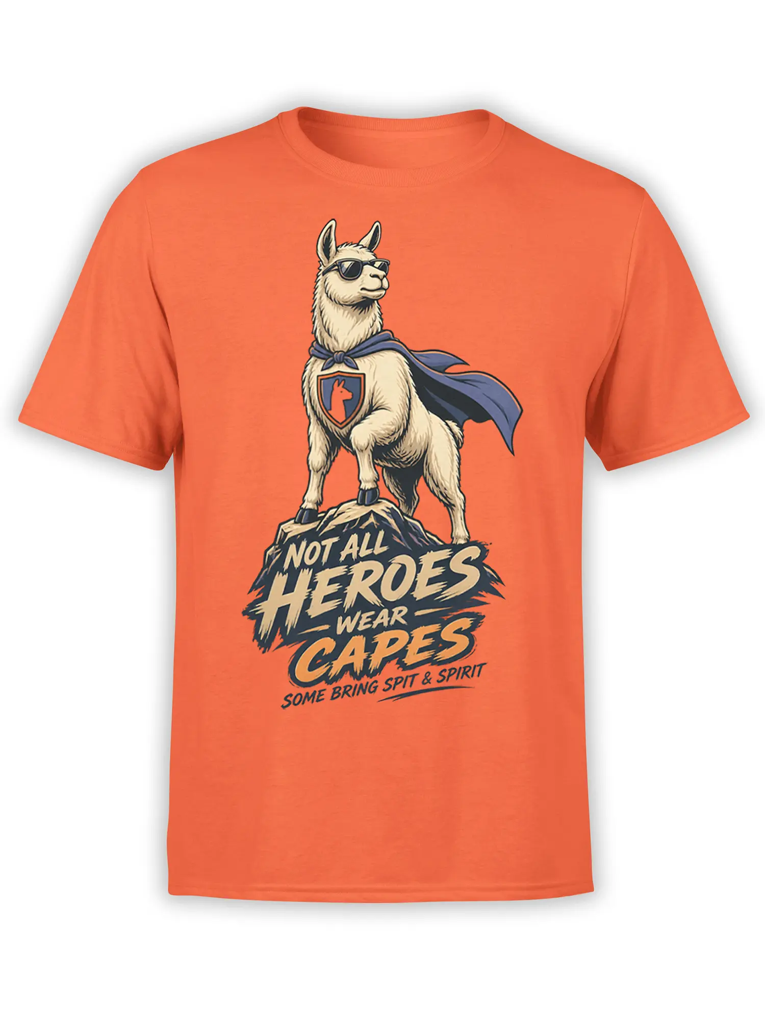 Orange T-shirt featuring a sunglass-wearing llama in a cape standing on a mountain with heroic lettering
