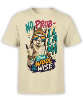 Funny llama wearing sunglasses and a colorful knit hat on a cream “Stay Wool & Wise” T-shirt