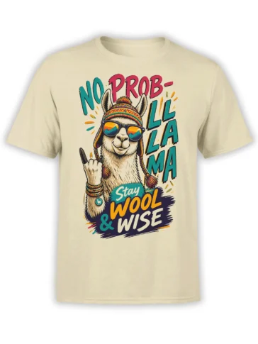 Funny llama wearing sunglasses and a colorful knit hat on a cream “Stay Wool & Wise” T-shirt