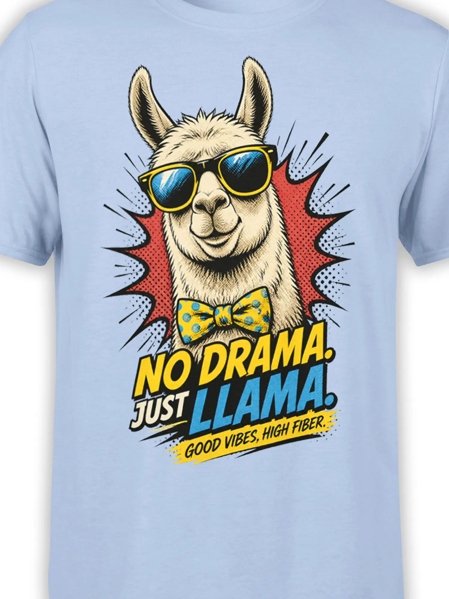 Close-up of cream llama in sunglasses and bow tie with bold “No Drama. Just Llama.” artwork