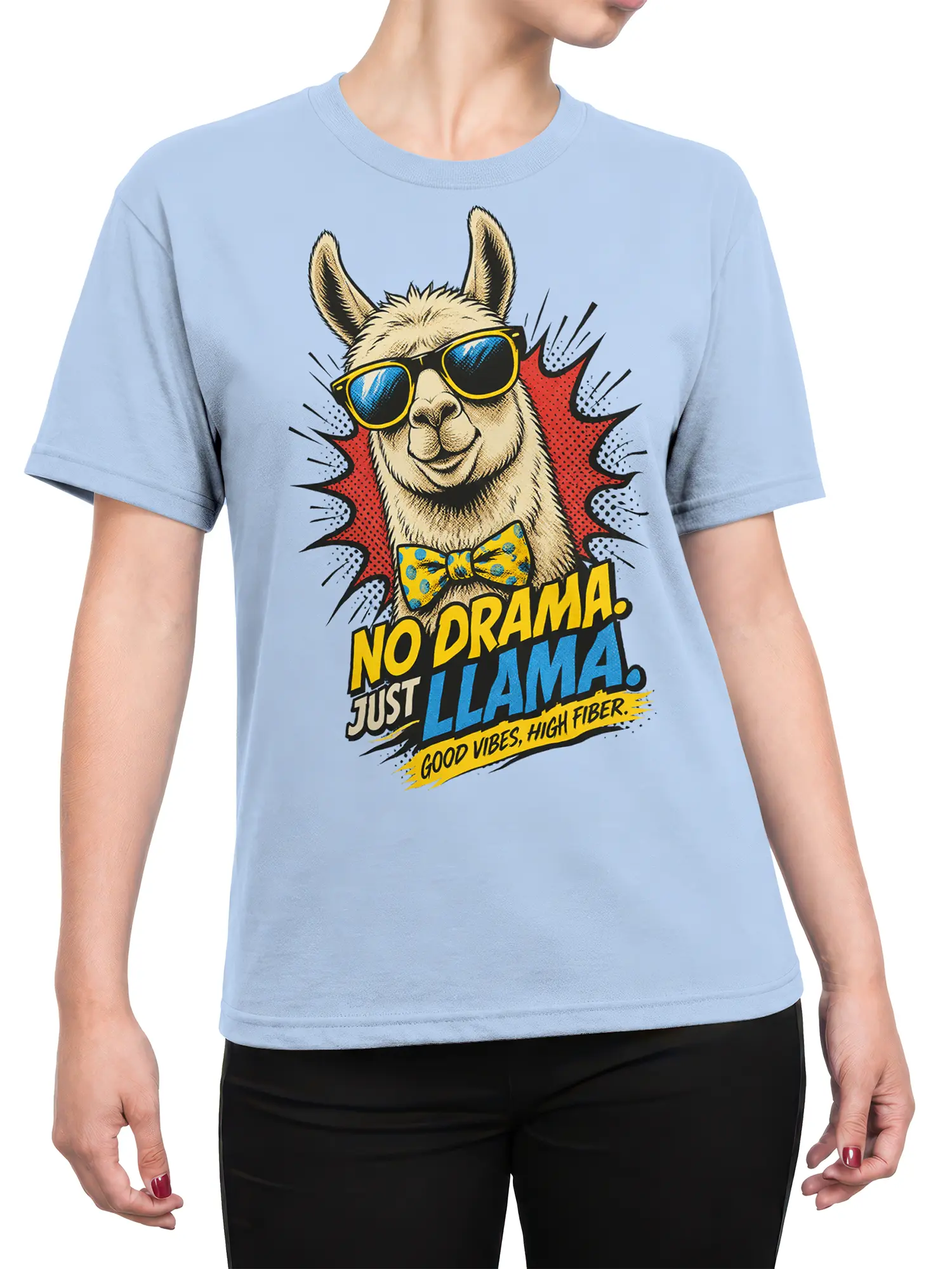 Female torso wearing a light blue llama T-shirt with sunglasses, bow tie, and comic-style “No Drama” design
