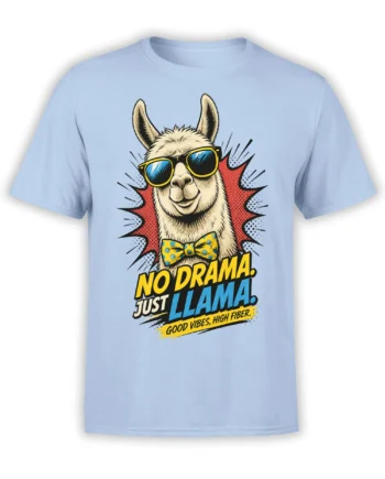 Light blue llama T-shirt with sunglasses, bow tie, comic burst, and “No Drama. Just Llama.” graphic