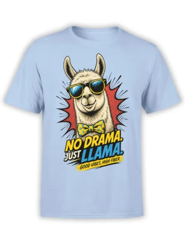 Light blue llama T-shirt with sunglasses, bow tie, comic burst, and “No Drama. Just Llama.” graphic