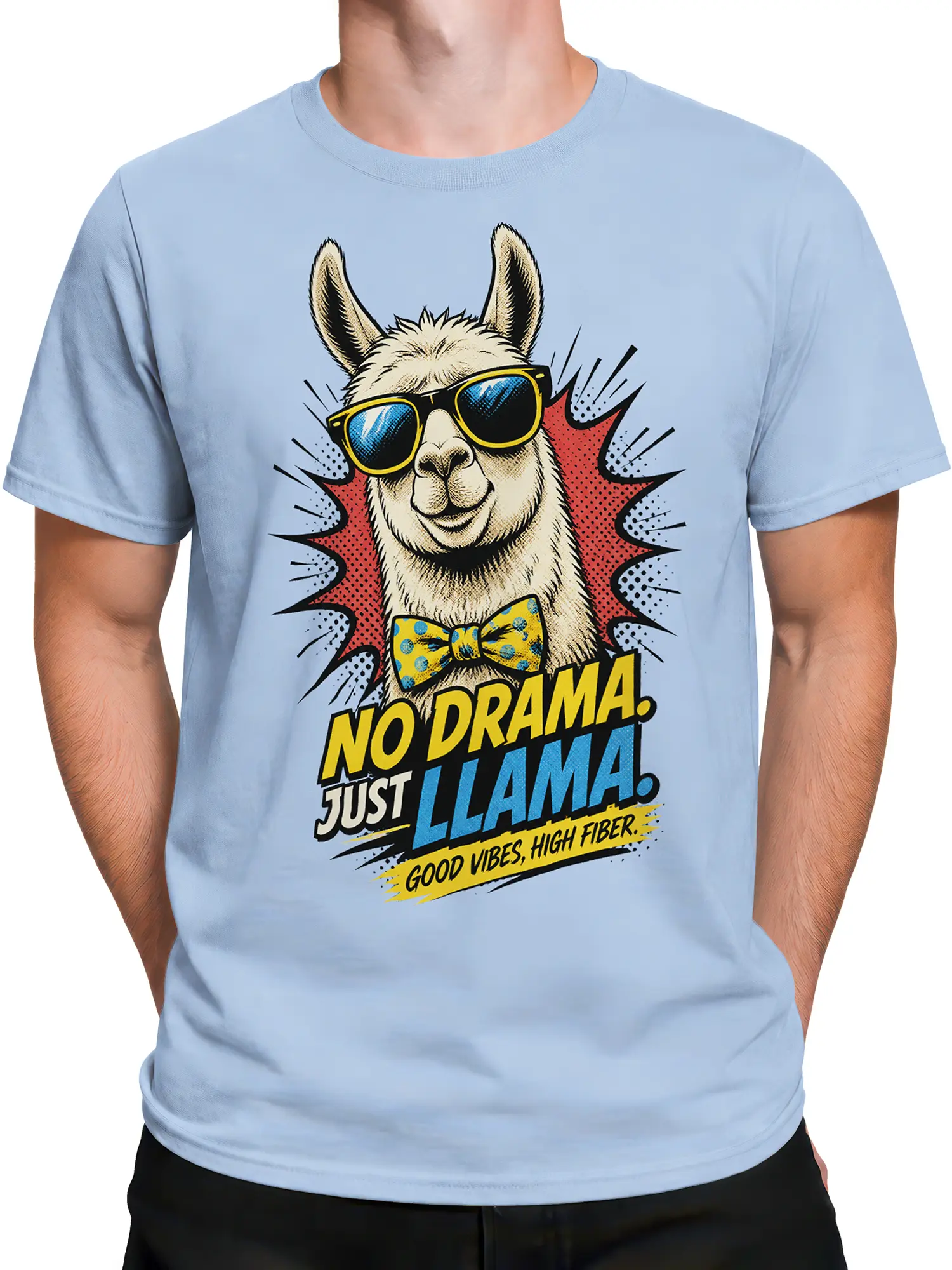 Male torso wearing a light blue llama T-shirt with sunglasses, bow tie, and bold comic graphic