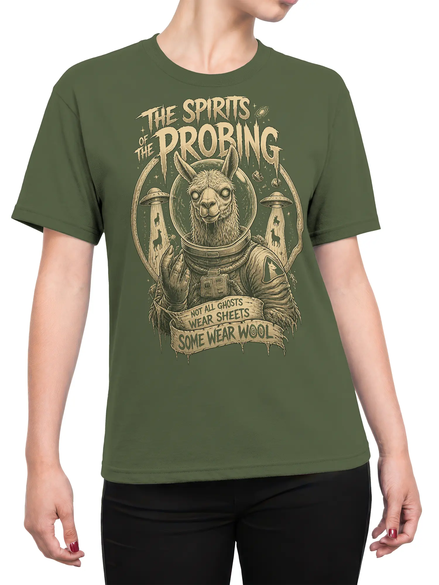 Female torso wearing an olive green T-shirt with a cosmic astronaut llama and UFO graphic