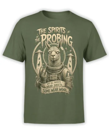 Olive green T-shirt with an astronaut llama, UFO beams, vintage lettering, and a wool-themed ghost slogan