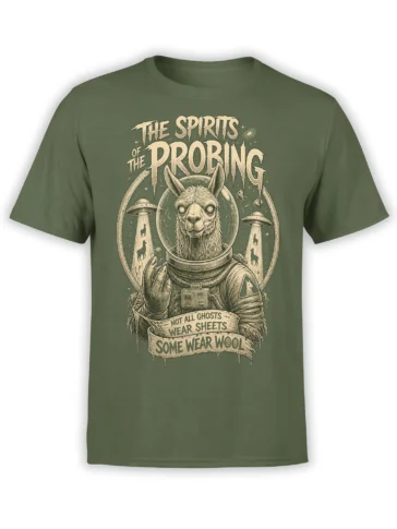 Olive green T-shirt with an astronaut llama, UFO beams, vintage lettering, and a wool-themed ghost slogan