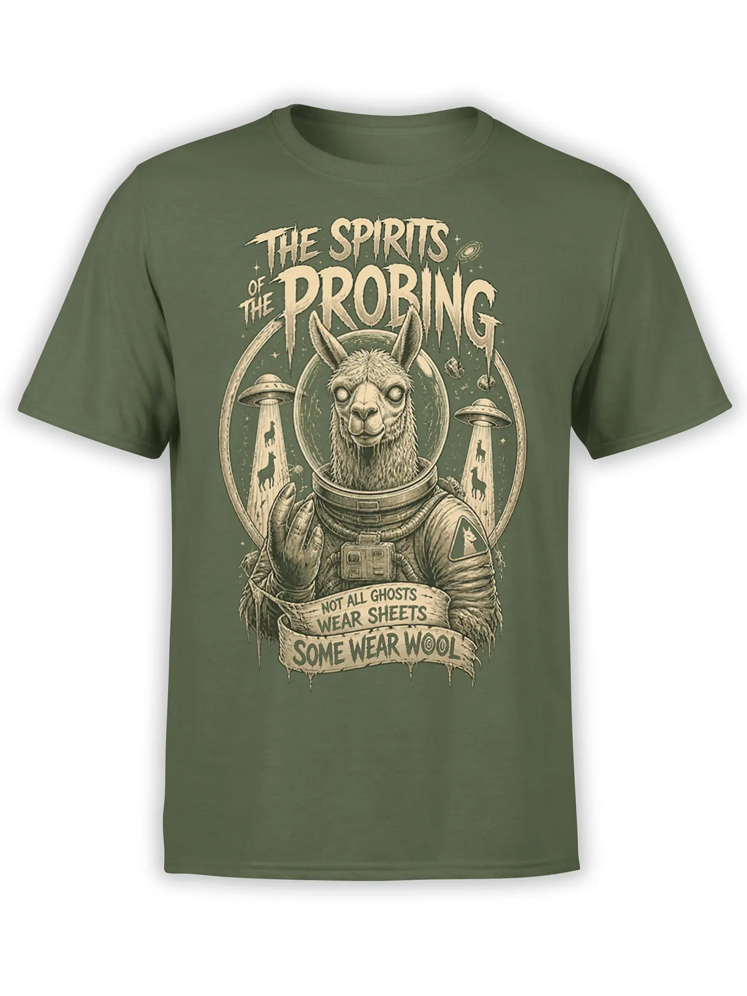 Olive green T-shirt with an astronaut llama, UFO beams, vintage lettering, and a wool-themed ghost slogan
