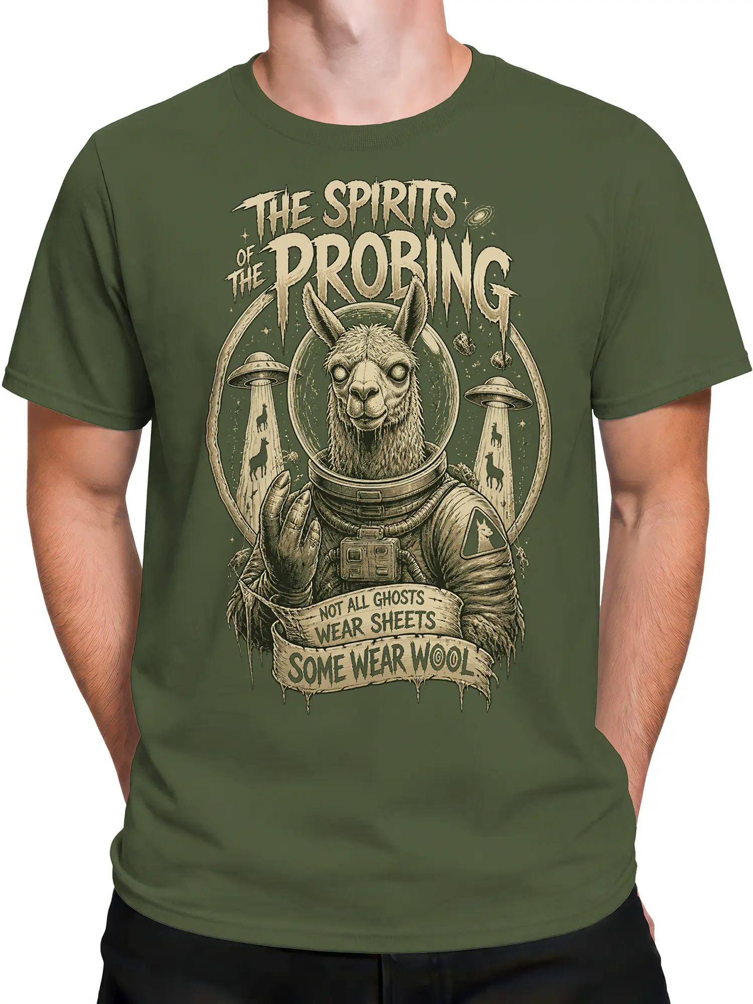 Male torso wearing an olive green T-shirt with an astronaut llama space graphic and wool slogan