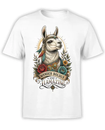White T-shirt with colorful llama artwork, flowers, feathers, and WANDER BOLDLY STAY AMAZING lettering