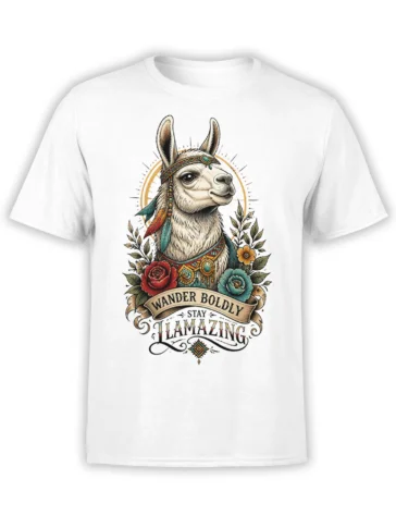 White T-shirt with colorful llama artwork, flowers, feathers, and WANDER BOLDLY STAY AMAZING lettering