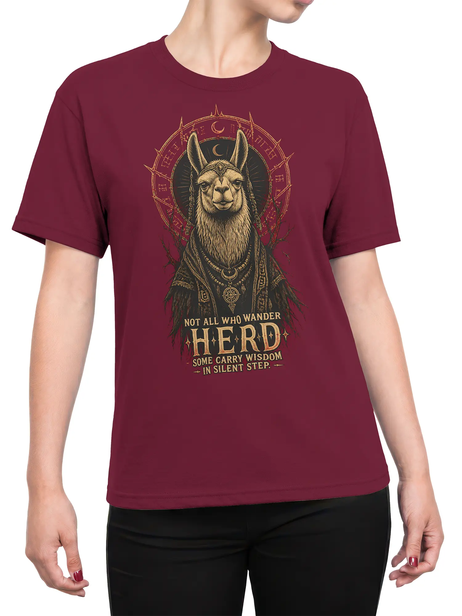 Female torso wearing a burgundy T-shirt with a mystical robed llama and moon graphic