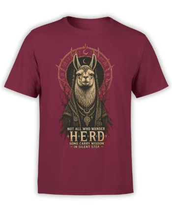 Roobed llama graphic with moon symbols and wisdom text on a burgundy T-shirt