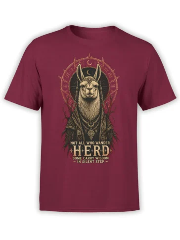 Roobed llama graphic with moon symbols and wisdom text on a burgundy T-shirt