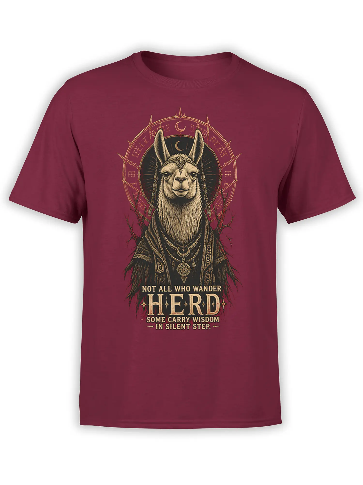 Roobed llama graphic with moon symbols and wisdom text on a burgundy T-shirt