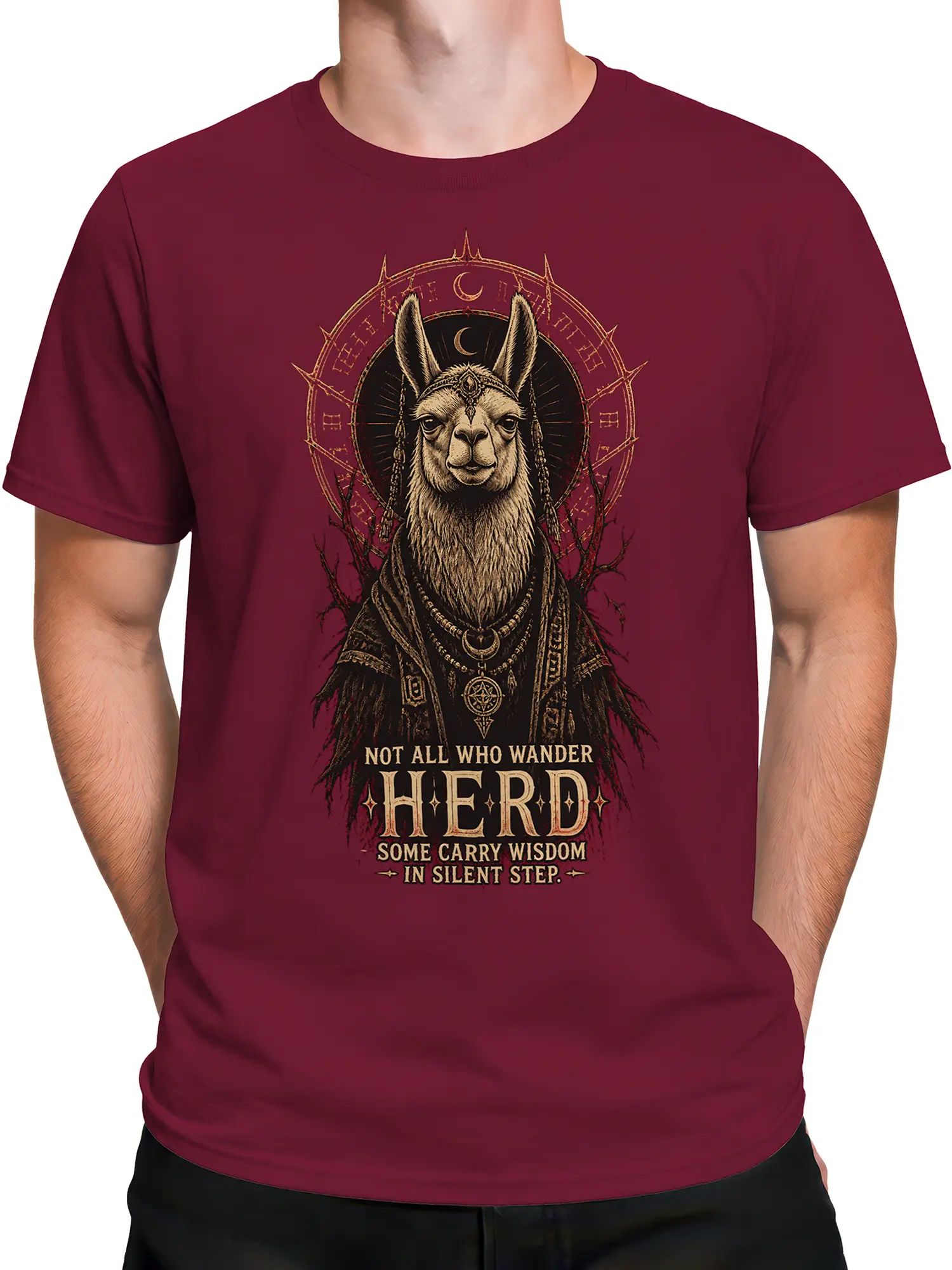 Male torso wearing a burgundy T-shirt with a robed llama and celestial wisdom design