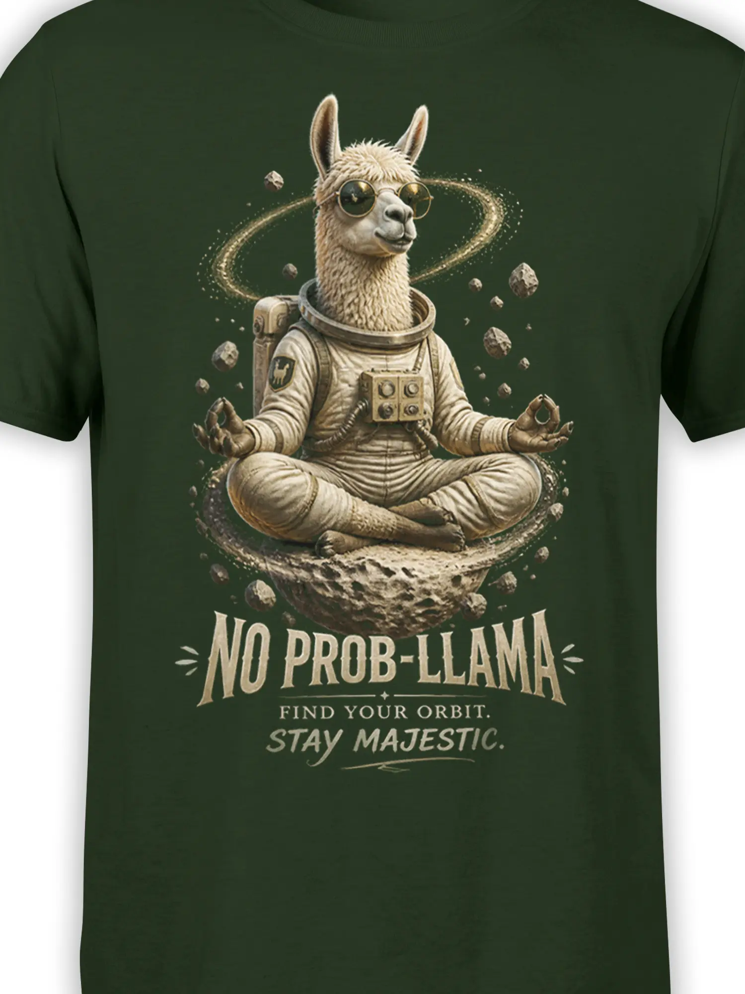 Close-up of meditating llama astronaut artwork and “No Prob-llama” text on green fabric