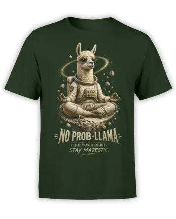 Green T-shirt with a meditating llama astronaut, orbit lines, asteroids, and “No Prob-llama” lettering