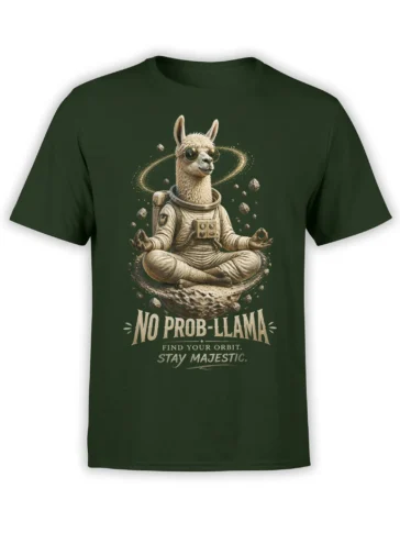 Green T-shirt with a meditating llama astronaut, orbit lines, asteroids, and “No Prob-llama” lettering