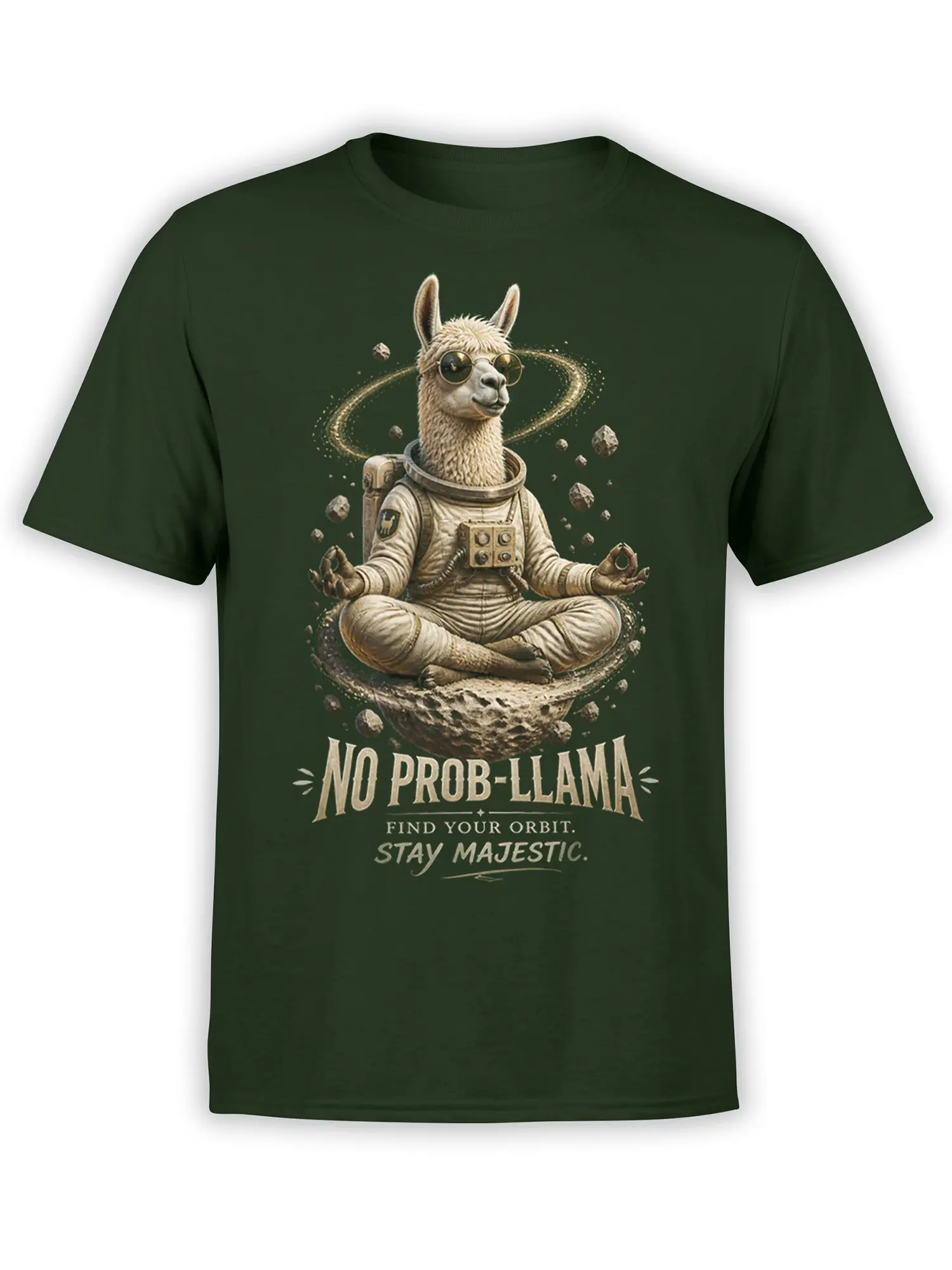 Green T-shirt with a meditating llama astronaut, orbit lines, asteroids, and “No Prob-llama” lettering