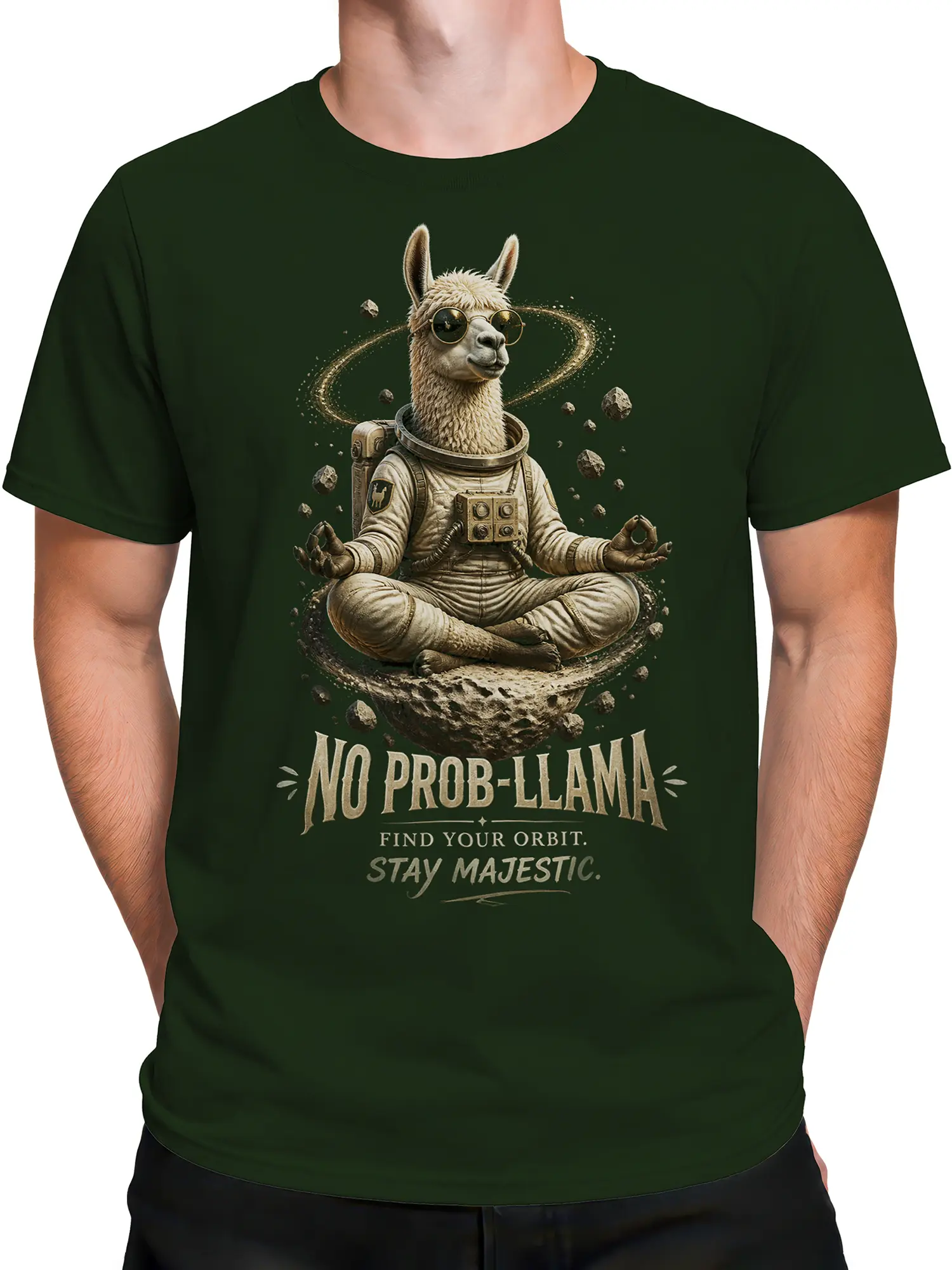 Male torso wearing a green T-shirt with a meditating llama astronaut and orbital space artwork