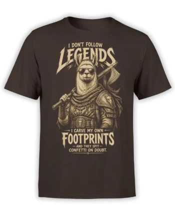 Armored llama warrior wearing sunglasses and holding an axe on a dark brown graphic T-shirt
