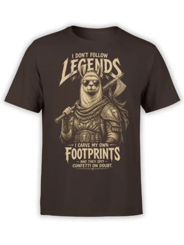 Armored llama warrior wearing sunglasses and holding an axe on a dark brown graphic T-shirt
