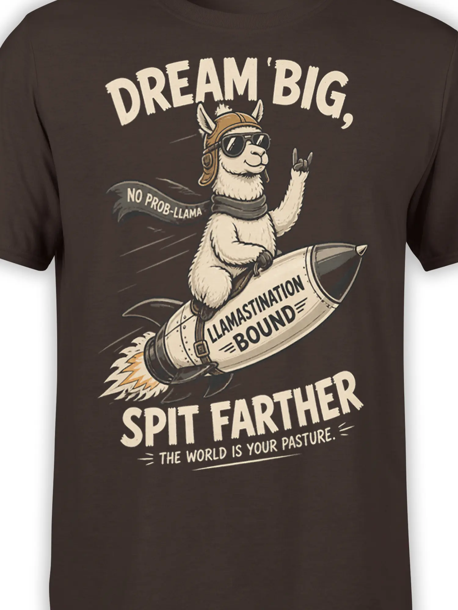 Close-up of rocket llama artwork with sunglasses, flight helmet, and “Llamastination Bound” text on brown