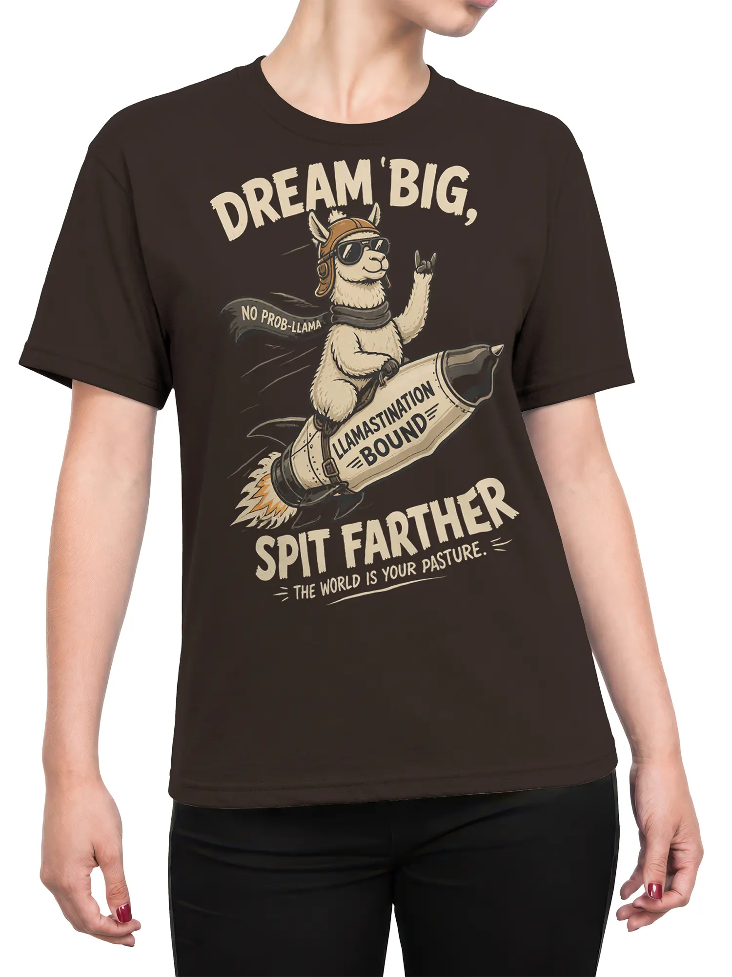 Female torso wearing a brown llama graphic tee with a rocket-riding llama and “Spit Farther” slogan