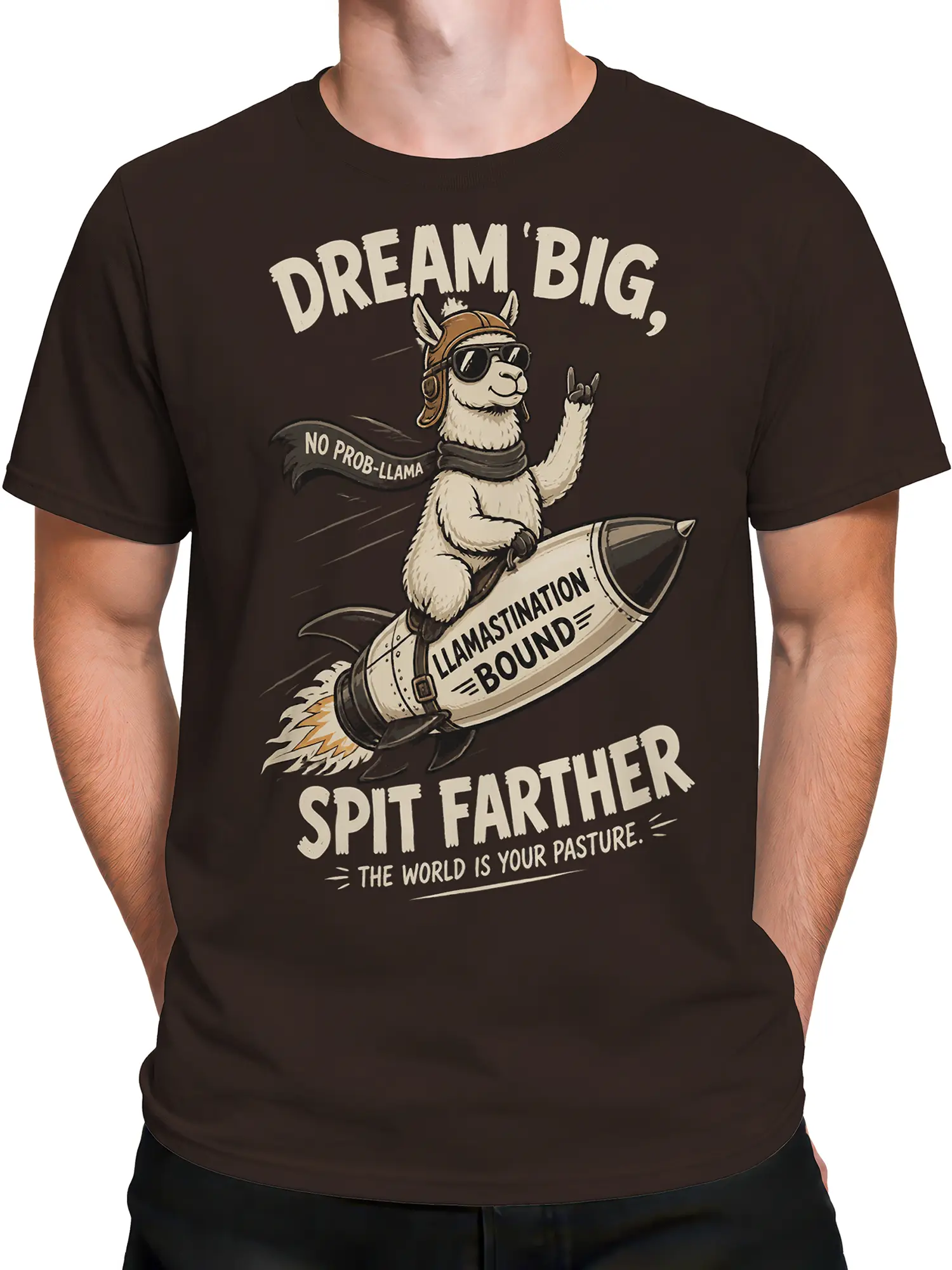 Male torso wearing a brown rocket llama T-shirt with sunglasses, flight helmet, and dreamer slogan