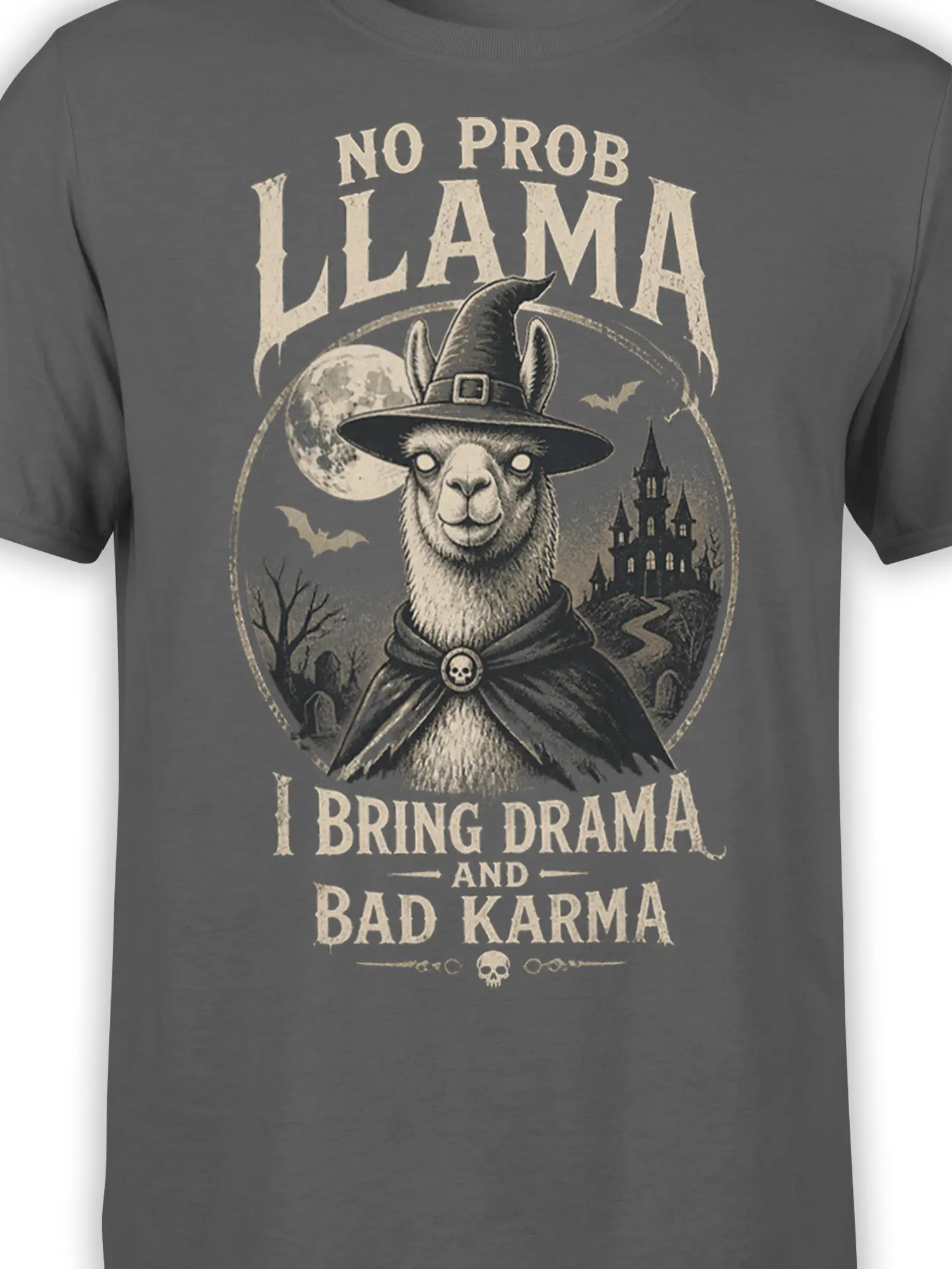 Close-up of witch llama graphic with skull cloak, moon, bats, and haunted castle on a gray T-shirt