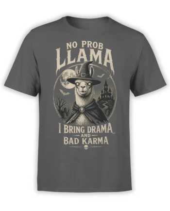 Spooky llama wearing a witch hat and skull cloak on a gray shirt with haunted castle artwork