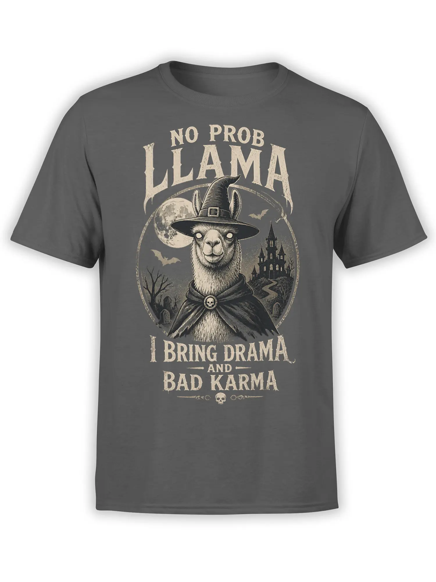 Spooky llama wearing a witch hat and skull cloak on a gray shirt with haunted castle artwork