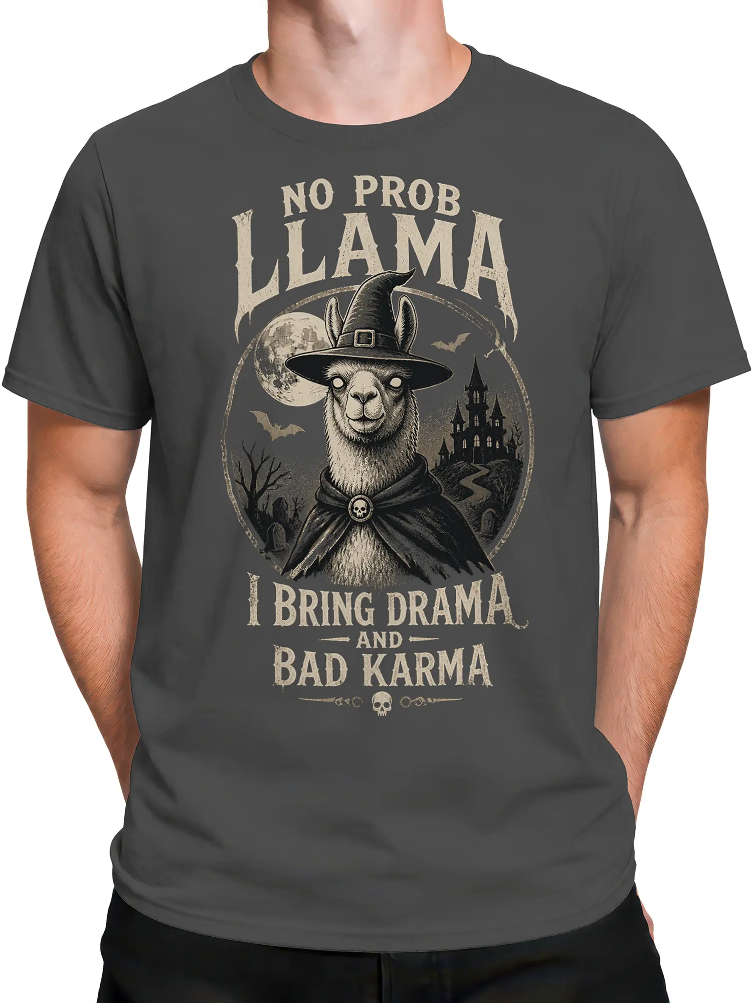 Male torso wearing a gray spooky llama T-shirt with witch hat and haunted castle artwork