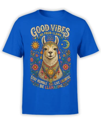 colorful llama T-shirt on blue fabric with sun, moon, flowers, and Good Vibes lettering