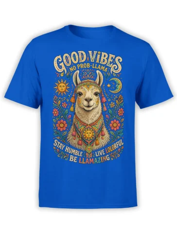 colorful llama T-shirt on blue fabric with sun, moon, flowers, and Good Vibes lettering
