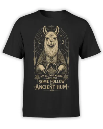Mystical cream llama with crystal ball and ancient hum message printed on a black T-shirt