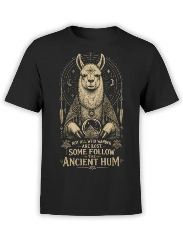 Mystical cream llama with crystal ball and ancient hum message printed on a black T-shirt