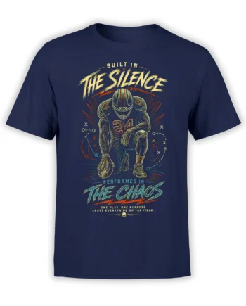 Vintage football player number 24 graphic with play diagrams and bold silence to chaos text on navy T-shirt