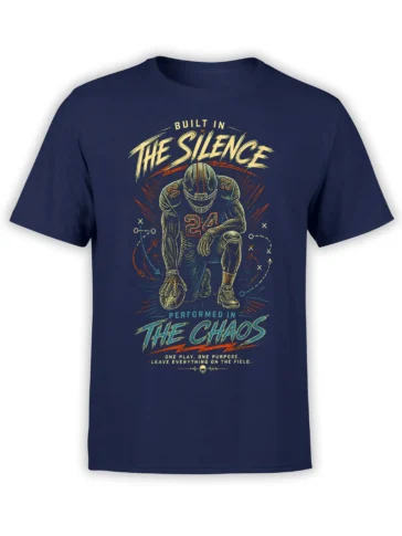 Vintage football player number 24 graphic with play diagrams and bold silence to chaos text on navy T-shirt