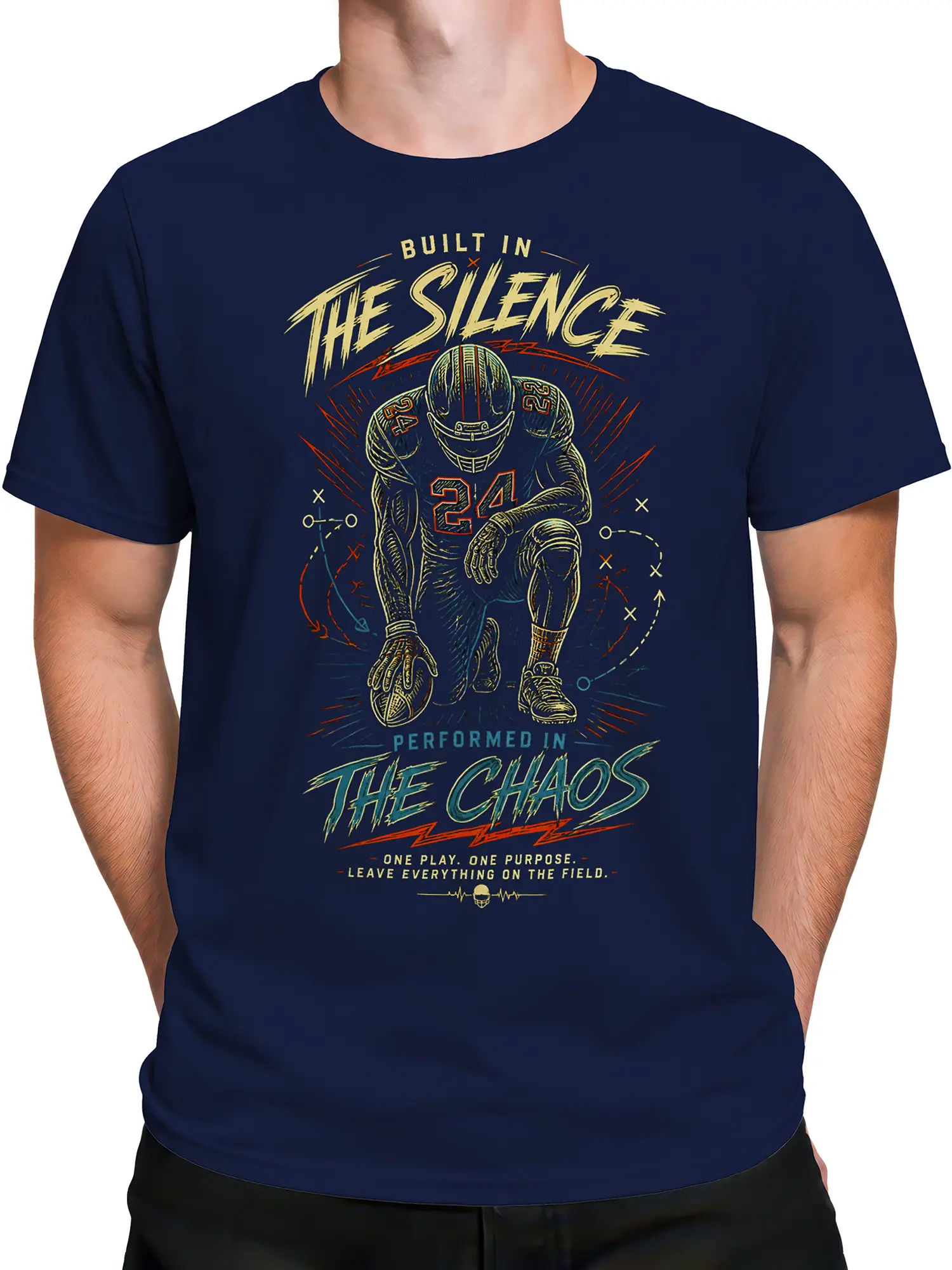 Male torso wearing navy vintage football T-shirt with number 24 player and performed in the chaos design