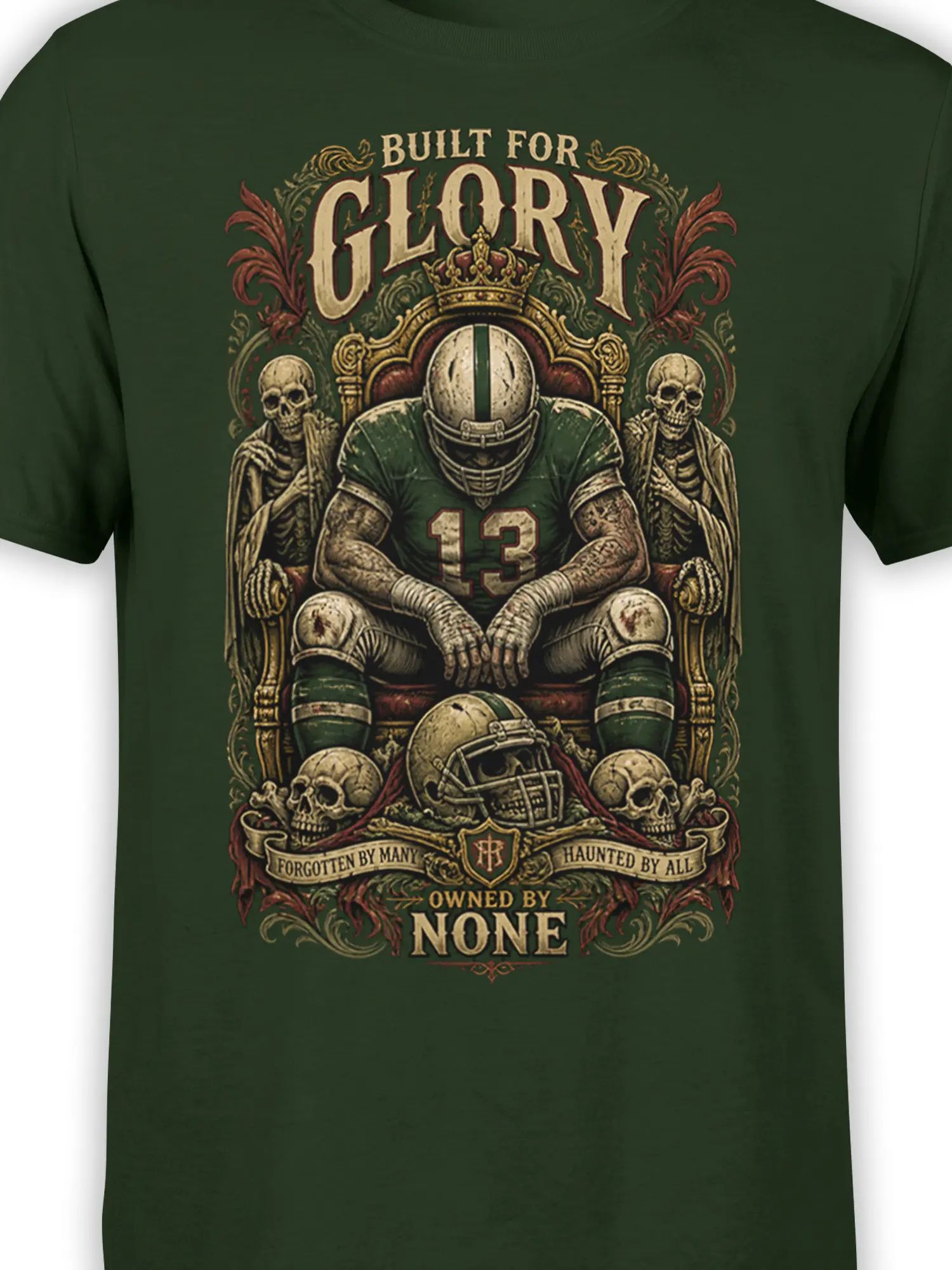 Close-up of dark green football graphic showing the number 13, throne details, skeletons, skulls, and gothic lettering