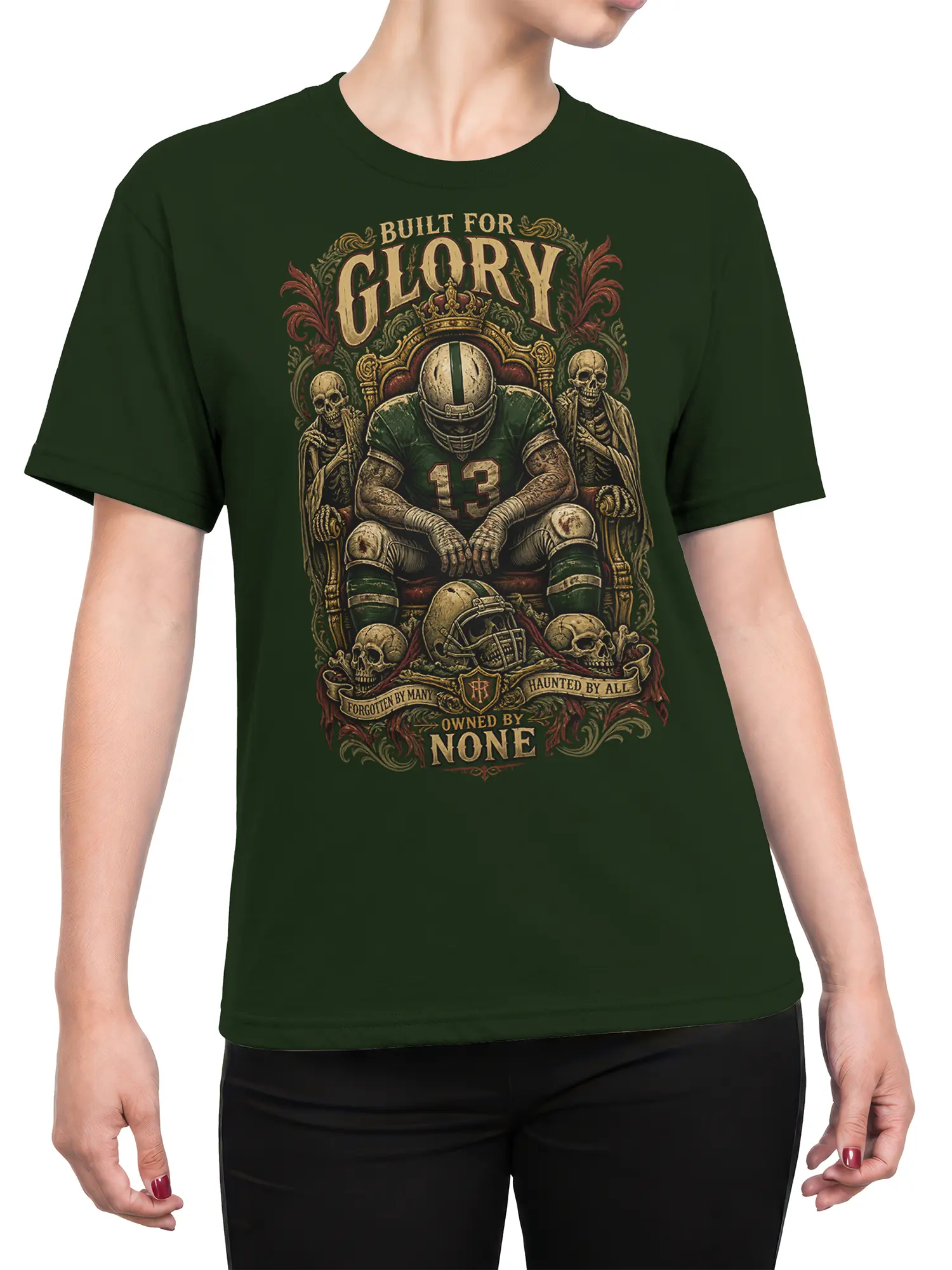 Female torso wearing a dark green football T-shirt with a throne scene, skeletons, skulls, helmet, and number 13